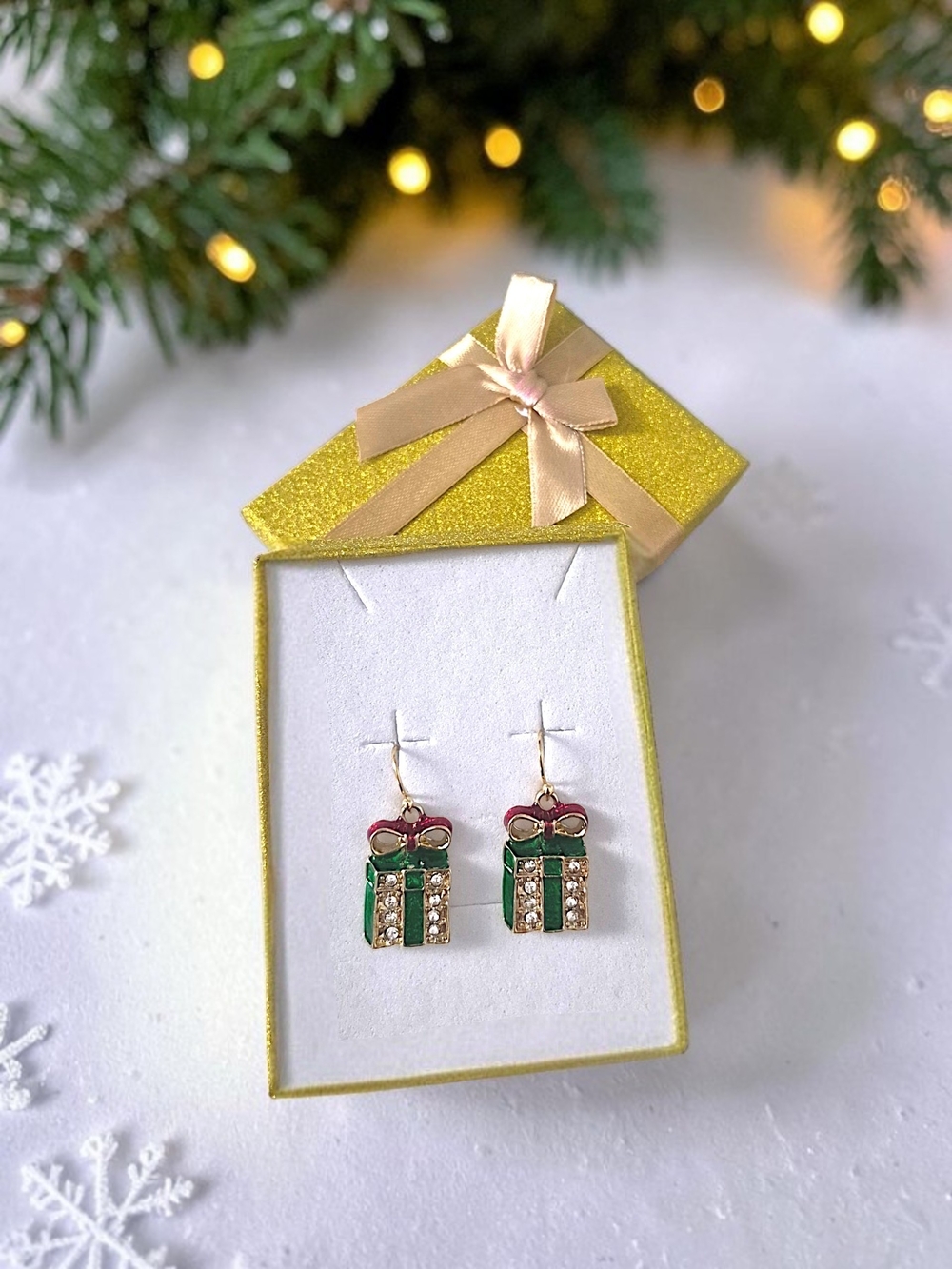 Holiday Bow Present Drop Earrings with Gift Box